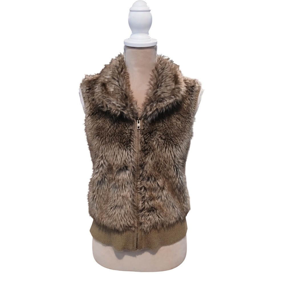 Vtg Arizona Brown Faux Fur Ribbed Knit Back Full Zip Vest Sleeveless Jacket luxe